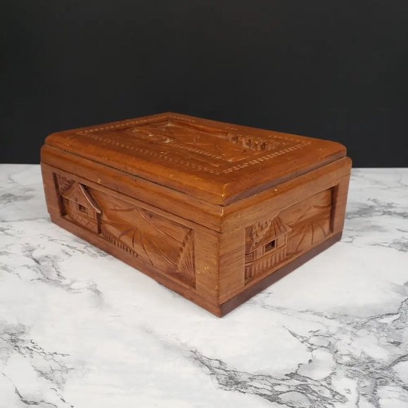 Hand Carved Wood Box Village Scene Vintage - Picture 3 of 13